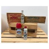 (5) Antique Packaging Bottles and Wood Boxes