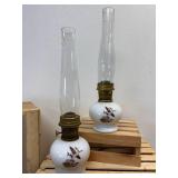 2 Aladin Lamps Milk Glass Pheasent Design One of the huricaines is broken