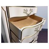 vintage Dixon Powdermaker French Louis XV style semainier lingerie chest featuring a cream finish with gold gilt trim