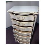 vintage Dixon Powdermaker French Louis XV style semainier lingerie chest featuring a cream finish with gold gilt trim