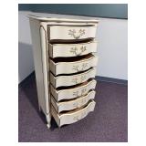 vintage Dixon Powdermaker French Louis XV style semainier lingerie chest featuring a cream finish with gold gilt trim