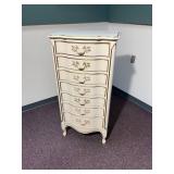 vintage Dixon Powdermaker French Louis XV style semainier lingerie chest featuring a cream finish with gold gilt trim