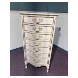 vintage Dixon Powdermaker French Louis XV style semainier lingerie chest featuring a cream finish with gold gilt trim