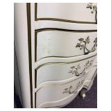 vintage Dixon Powdermaker French Louis XV style semainier lingerie chest featuring a cream finish with gold gilt trim