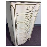 vintage Dixon Powdermaker French Louis XV style semainier lingerie chest featuring a cream finish with gold gilt trim
