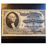 Gem Uncirculated 1893 World's Columbian Exposition Ticket - Washington Series A, PCGS 64PPQ Gem Uncirculated 1893 World's Columbian Exposition Ticket - Washington Series A, PCGS 64PPQ