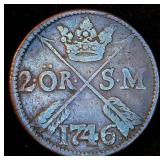 1746 Sweden 2 Ore, Thick Heavy Coin with Oblique Milled Edge, 280 Years Old, KM# 437 1746 Sweden 2 Ore, Thick Heavy Coin with Oblique Milled Edge, 280 Years Old, KM# 437
