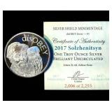 2017 Solzhenitsyn Silver Shield 1oz .999 Round, disOBEY series, #2,006 of 2,255, Proof Like, COA 2017 Solzhenitsyn Silver Shield 1oz .999 Round, disOBEY series, #2,006 of 2,255, Proof Like, COA