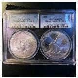 PCGS MS70 2021 Silver Eagle 2 Coin Set, Types 1 and 2, Details PCGS MS70 2021 Silver Eagle 2 Coin Set, Types 1 and 2, Details