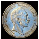 VF/XF 1907 Kingdom of Prussia (German States) Silver Funf Mark, .804 ASW, Original Surfaces VF/XF 1907 Kingdom of Prussia (German States) Silver Funf Mark, .804 ASW, Original Surfaces