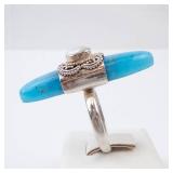 Sterling Silver Turquoise Ring with Pearl Cabochon and Ornate Bezel. Size 9. Sterling Silver Turquoise Ring with Pearl Cabochon and Ornate Bezel. Size 9.