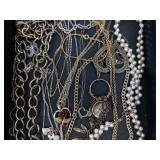 Assorted Jewelry Collection - Gold-Tone Chains, Blue Cabochon Necklace, Pearl Necklace Assorted Jewelry Collection - Gold-Tone Chains, Blue Cabochon Necklace, Pearl Necklace