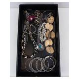 Costume Jewelry Set - Silver Tone Bangles, Pearl Necklaces, Gold Tone Leaf Earrings Costume Jewelry Set - Silver Tone Bangles, Pearl Necklaces, Gold Tone Leaf Earrings