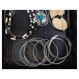 Costume Jewelry Set - Silver Tone Bangles, Pearl Necklaces, Gold Tone Leaf Earrings Costume Jewelry Set - Silver Tone Bangles, Pearl Necklaces, Gold Tone Leaf Earrings