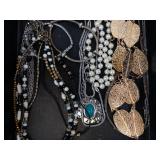 Costume Jewelry Set - Silver Tone Bangles, Pearl Necklaces, Gold Tone Leaf Earrings Costume Jewelry Set - Silver Tone Bangles, Pearl Necklaces, Gold Tone Leaf Earrings