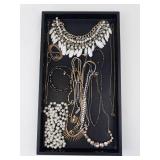 Costume Jewelry Necklaces Mix - Pearl Bead Strand, White Leaf Bib & Gold Chains Costume Jewelry Necklaces Mix - Pearl Bead Strand, White Leaf Bib & Gold Chains