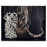 Costume Jewelry Necklaces Mix - Pearl Bead Strand, White Leaf Bib & Gold Chains Costume Jewelry Necklaces Mix - Pearl Bead Strand, White Leaf Bib & Gold Chains