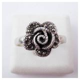 Marcasite Sterling Silver Rose Ring - Vintage Floral Band Marcasite Sterling Silver Rose Ring - Vintage Floral Band
