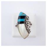 Native Ring - Turquoise, Mother of Pearl & Onyx Inlay, Size 6 Native Ring - Turquoise, Mother of Pearl & Onyx Inlay, Size 6