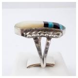 Native Ring - Turquoise, Mother of Pearl & Onyx Inlay, Size 6 Native Ring - Turquoise, Mother of Pearl & Onyx Inlay, Size 6