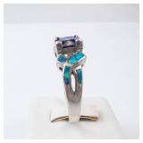 Tanzanite & Created Opal Sterling Ring - Size 9 Tanzanite & Created Opal Sterling Ring - Size 9