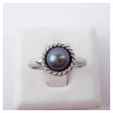 Ring - Black Tahitian Pearl, Sterling Silver, Rope Bezel, Size 5 Ring - Black Tahitian Pearl, Sterling Silver, Rope Bezel, Size 5