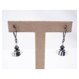 Dangle Earrings - Sterling Silver with Black Bead & White Stripe Crystal Cubes Dangle Earrings - Sterling Silver with Black Bead & White Stripe Crystal Cubes