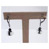 Dangle Earrings - Sterling Silver with Black Bead & White Stripe Crystal Cubes Dangle Earrings - Sterling Silver with Black Bead & White Stripe Crystal Cubes