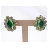 Weiss Clip-On Earrings Emerald Green Cabochon Halo of Green Crystals Weiss Clip-On Earrings Emerald Green Cabochon Halo of Green Crystals