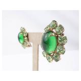 Weiss Clip-On Earrings Emerald Green Cabochon Halo of Green Crystals Weiss Clip-On Earrings Emerald Green Cabochon Halo of Green Crystals
