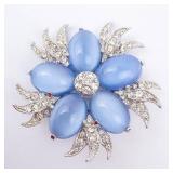 Sterling Silver Blue Cabochon Flower Brooch With Clear Crystal Accents Sterling Silver Blue Cabochon Flower Brooch With Clear Crystal Accents