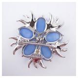 Sterling Silver Blue Cabochon Flower Brooch With Clear Crystal Accents Sterling Silver Blue Cabochon Flower Brooch With Clear Crystal Accents
