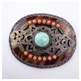 Turquoise Cabochon Brooch - Vintage Silver-Tone Filigree with Coral Bead Accents Turquoise Cabochon Brooch - Vintage Silver-Tone Filigree with Coral Bead Accents