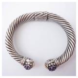 Amethyst Sterling Silver Hinge Cuff Bracelet - Twisted Rope Design Amethyst Sterling Silver Hinge Cuff Bracelet - Twisted Rope Design