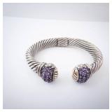 Amethyst Sterling Silver Hinge Cuff Bracelet - Twisted Rope Design Amethyst Sterling Silver Hinge Cuff Bracelet - Twisted Rope Design
