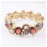Bracelet - Gold-Tone Multi-Gem Cluster with Red Crystals, Gray Pearls Bracelet - Gold-Tone Multi-Gem Cluster with Red Crystals, Gray Pearls