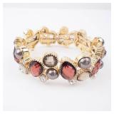 Bracelet - Gold-Tone Multi-Gem Cluster with Red Crystals, Gray Pearls Bracelet - Gold-Tone Multi-Gem Cluster with Red Crystals, Gray Pearls