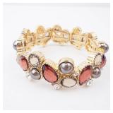 Bracelet - Gold-Tone Multi-Gem Cluster with Red Crystals, Gray Pearls Bracelet - Gold-Tone Multi-Gem Cluster with Red Crystals, Gray Pearls