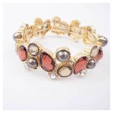 Bracelet - Gold-Tone Multi-Gem Cluster with Red Crystals, Gray Pearls Bracelet - Gold-Tone Multi-Gem Cluster with Red Crystals, Gray Pearls
