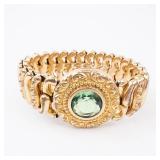 Italian Gold-Tone Bracelet with Green Gemstone Bezel - Vintage Engraved Italian Gold-Tone Bracelet with Green Gemstone Bezel - Vintage Engraved