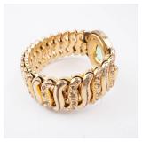 Italian Gold-Tone Bracelet with Green Gemstone Bezel - Vintage Engraved Italian Gold-Tone Bracelet with Green Gemstone Bezel - Vintage Engraved