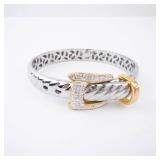 Two-Tone Stainless Steel Bracelet with Gold-Tone Belt Buckle Clasp & Pave Accents Two-Tone Stainless Steel Bracelet with Gold-Tone Belt Buckle Clasp & Pave Accents