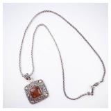 Amber Pendant in Sterling Silver with 18K Accents on Rope Chain Amber Pendant in Sterling Silver with 18K Accents on Rope Chain