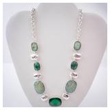 Green Stone Necklace in Silver Tone with Cushion-Cut Gemstones and Extender Chain Green Stone Necklace in Silver Tone with Cushion-Cut Gemstones and Extender Chain