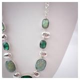 Green Stone Necklace in Silver Tone with Cushion-Cut Gemstones and Extender Chain Green Stone Necklace in Silver Tone with Cushion-Cut Gemstones and Extender Chain