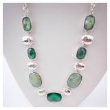 Green Stone Necklace in Silver Tone with Cushion-Cut Gemstones and Extender Chain Green Stone Necklace in Silver Tone with Cushion-Cut Gemstones and Extender Chain