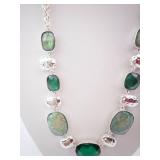 Green Stone Necklace in Silver Tone with Cushion-Cut Gemstones and Extender Chain Green Stone Necklace in Silver Tone with Cushion-Cut Gemstones and Extender Chain