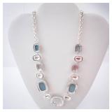 Green Stone Necklace in Silver Tone with Cushion-Cut Gemstones and Extender Chain Green Stone Necklace in Silver Tone with Cushion-Cut Gemstones and Extender Chain