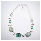 Green Stone Necklace in Silver Tone with Cushion-Cut Gemstones and Extender Chain Green Stone Necklace in Silver Tone with Cushion-Cut Gemstones and Extender Chain
