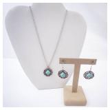 Turquoise Square Pendant Necklace & Matching Earrings Set - Silver Filigree Turquoise Square Pendant Necklace & Matching Earrings Set - Silver Filigree